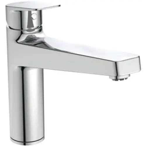 Küchenarmatur von Ideal Standard mit niedrigem Druck, in Chrom, mit einem schmalen, geraden Auslauf. Die Armatur hat einen modernen, klaren Look.